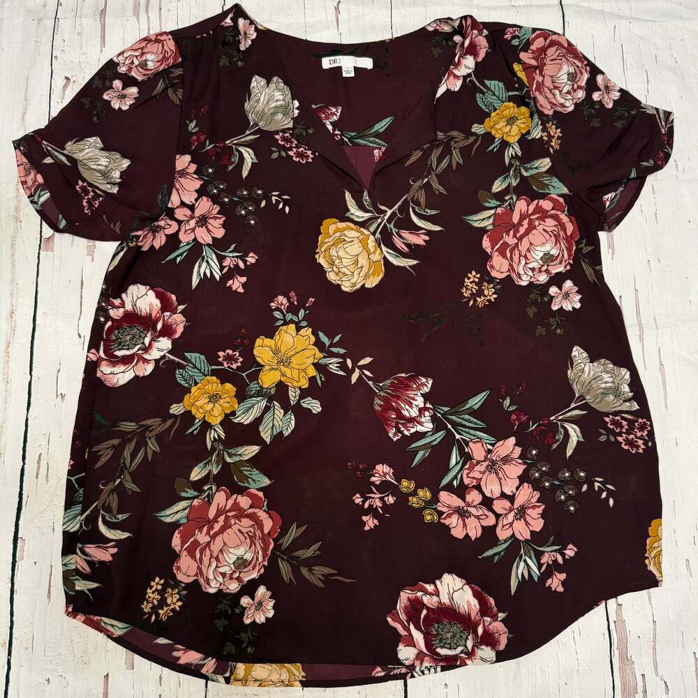Dr2 By Daniel Rainn V-neck Floral Top in Burgandy